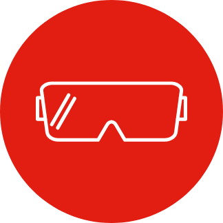 Pantalla con gafas protectoras o de seguridad en fondo rojo.