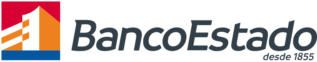 Logotipo de Banco Estado con un edificio estilizado en colores naranja, blanco y rojo, y texto en negro que dice 'BancoEstado desde 1855'.