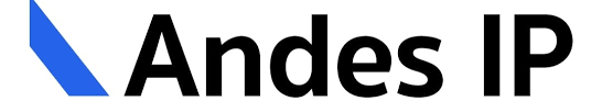 Logotipo de Andes IP en blanco y negro con un diseño angular en la esquina superior izquierda
