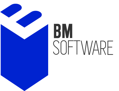 Logotipo de la empresa BM Software con un diseño de caja azul y texto en gris oscuro.