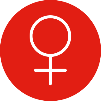 Símbolo de género femenino en un círculo rojo con fondo negro.