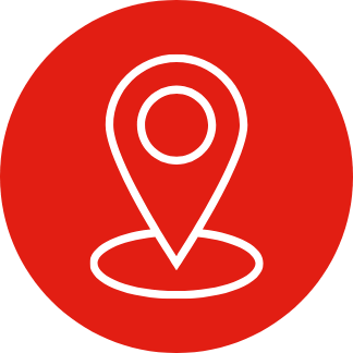 Icono de ubicación o mapa en estilo línea blanca sobre fondo rojo.