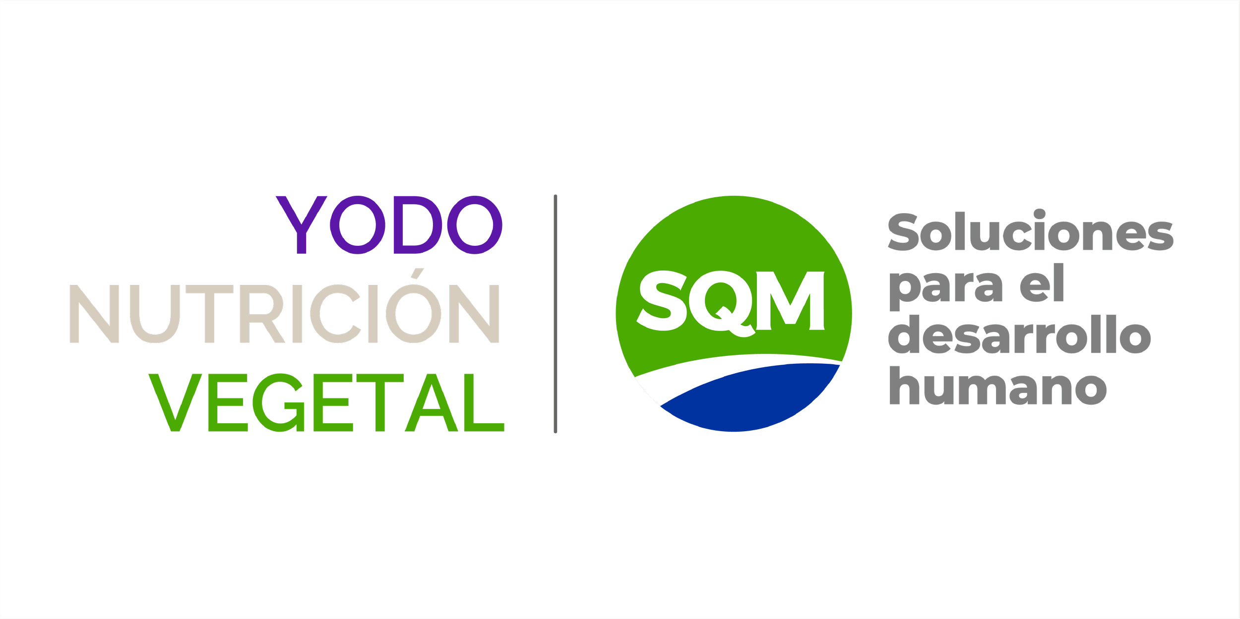 Logo con texto que dice 'Yodo Nutrición Vegetal' en letras verdes, moradas y grises a la izquierda; una línea vertical a la izquierda de un círculo con las letras 'SQM' en blanco sobre fondo verde y una leyenda que dice 'Soluciones para el desarrollo humano' en gris a la derecha del círculo.